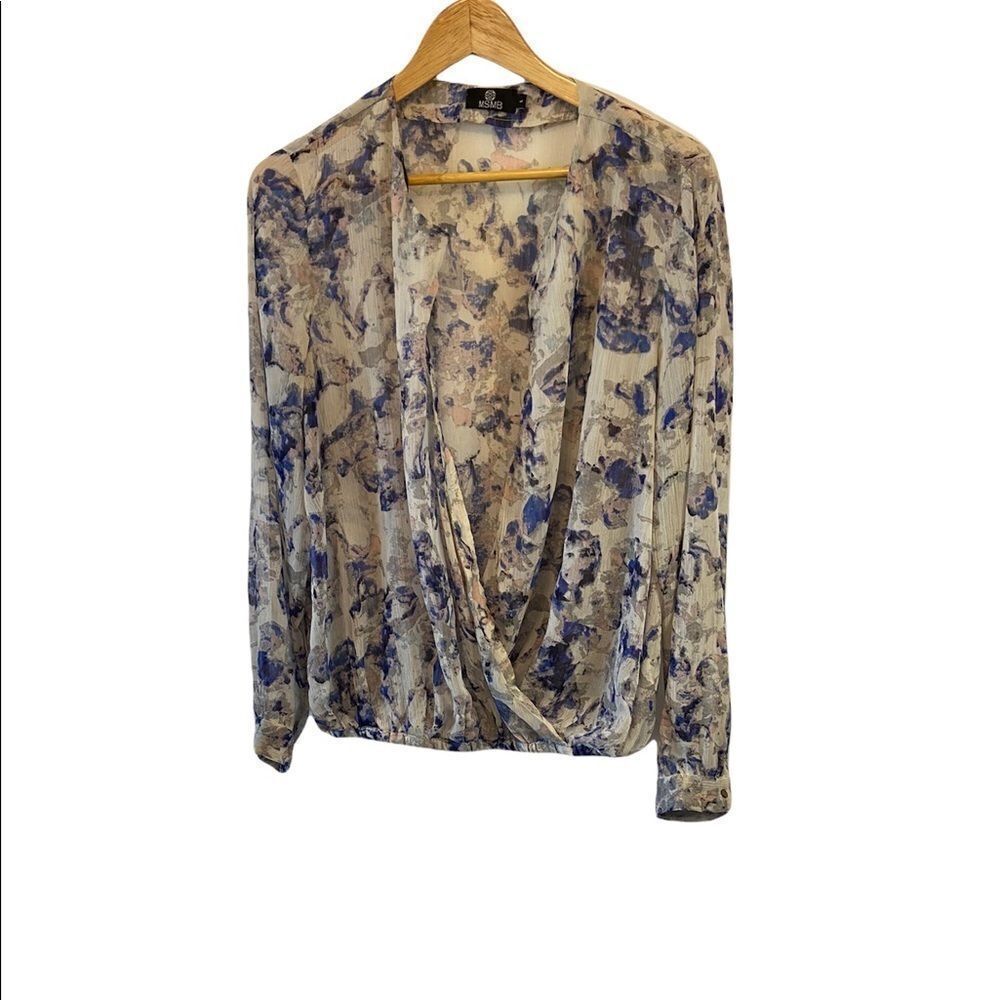 MSMB Floral Watercolour Printed Light Chiffon Semi Sheer Open Front Blouse L